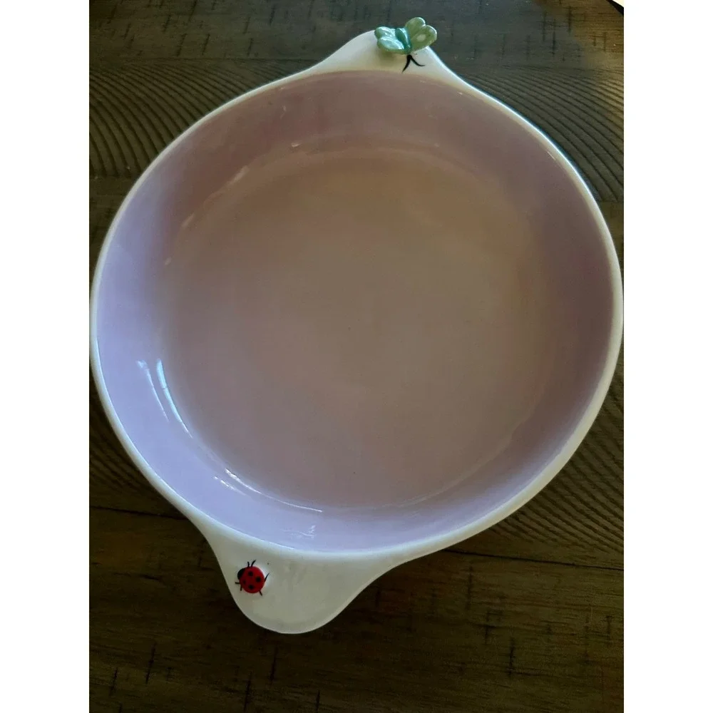 RARE Anthropologie Faye Pie Dish 3D Butterfly Ladybug Snail Pink Stoneware HTF